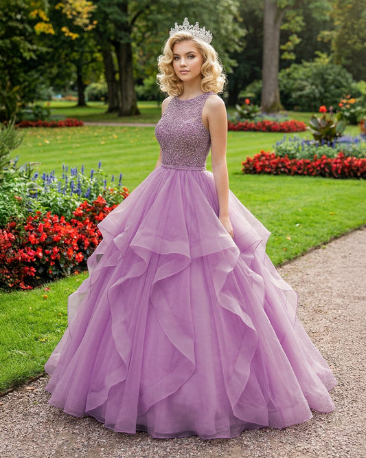 Lilac Lace Beaded Long Organza Quinceanera Ball Gowns