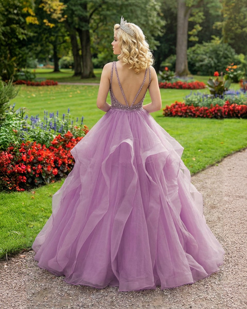 Lilac Lace Beaded Long Organza Quinceanera Ball Gowns