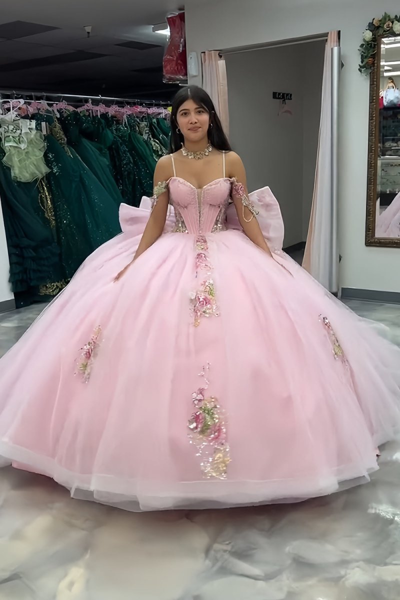 Pink - Off-The-Shoulder Tulle Appliqued Quinceanera Dress With Bow