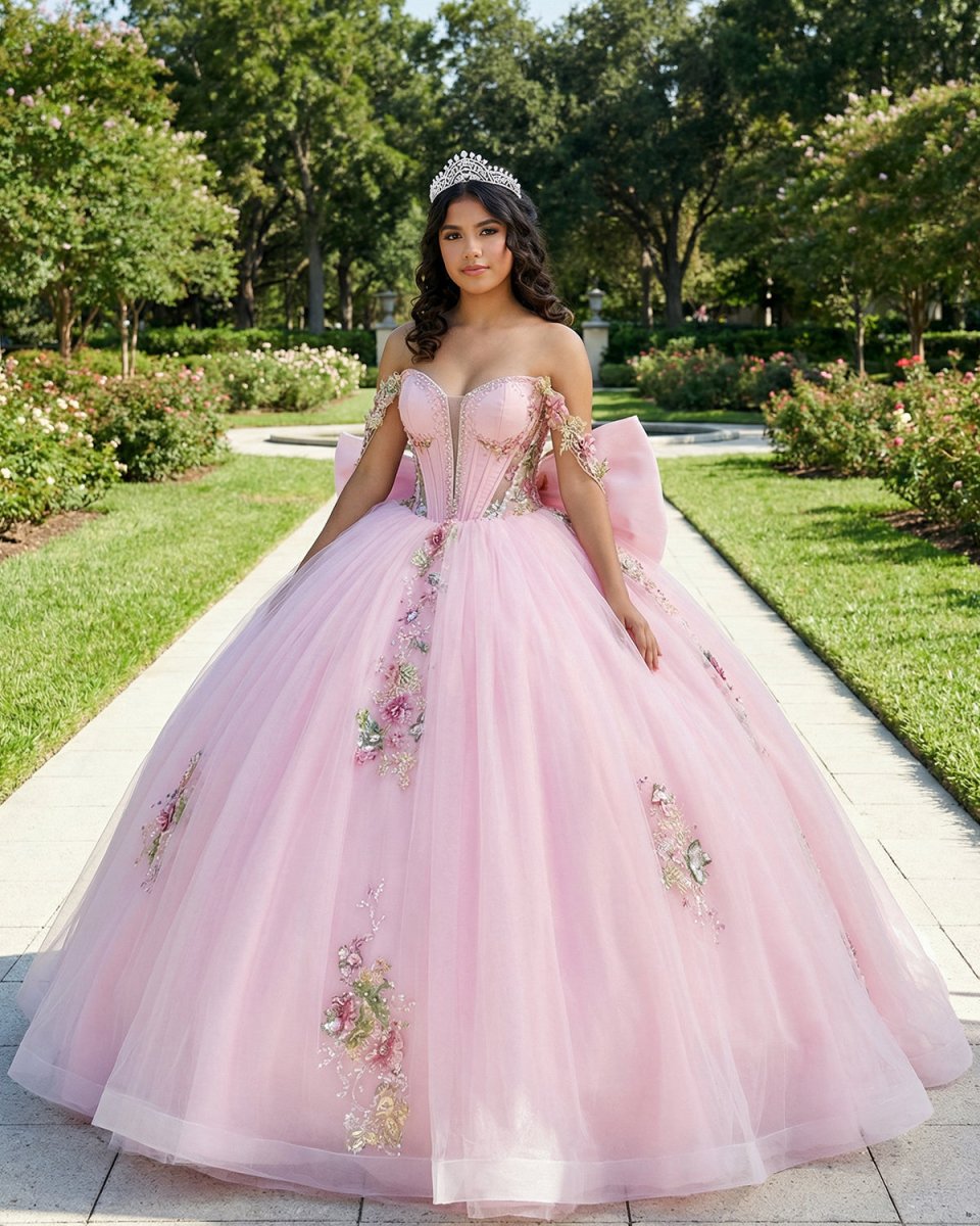 Pink - Off-The-Shoulder Tulle Appliqued Quinceanera Dress With Bow