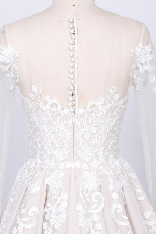 Long Sleeve Appliques Tulle A-line Wedding Dress
