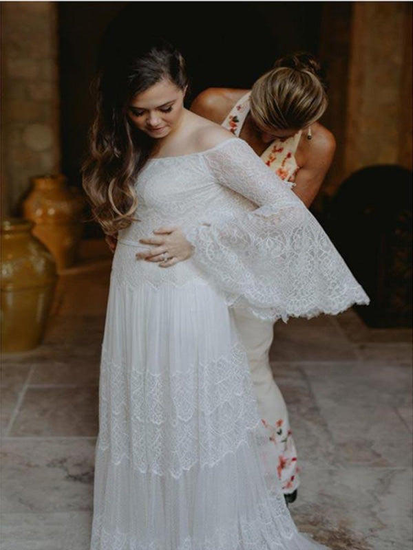 Long Sleeve Floor-Length Lace Boho Chic Wedding Dresses