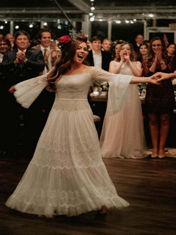 Long Sleeve Floor-Length Lace Boho Chic Wedding Dresses