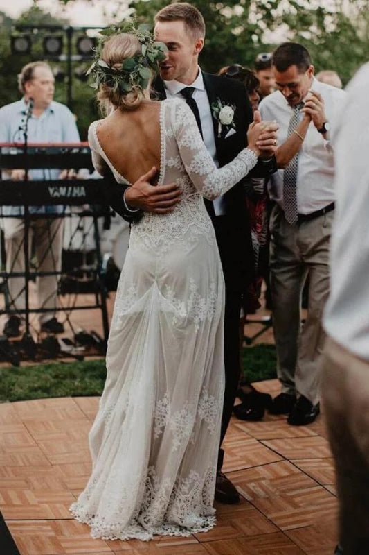 Long Sleeve Lace Beach Country Wedding Dress