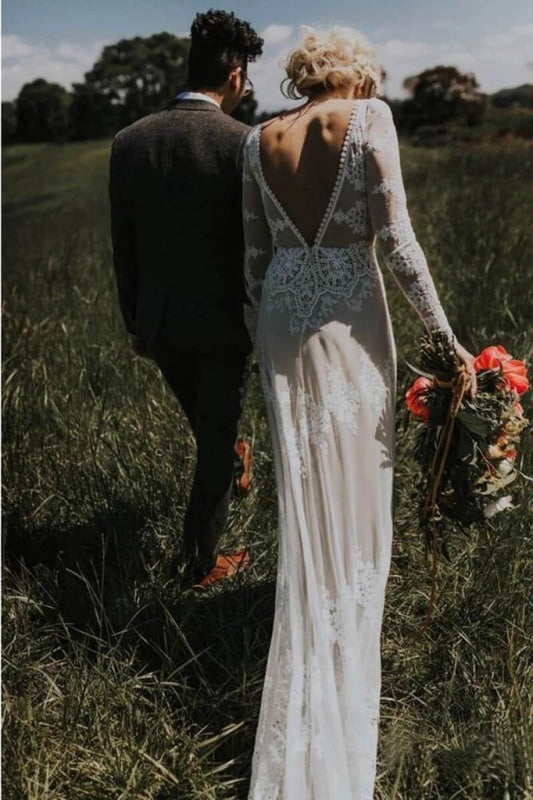 Long Sleeve Lace Beach Country Wedding Dress