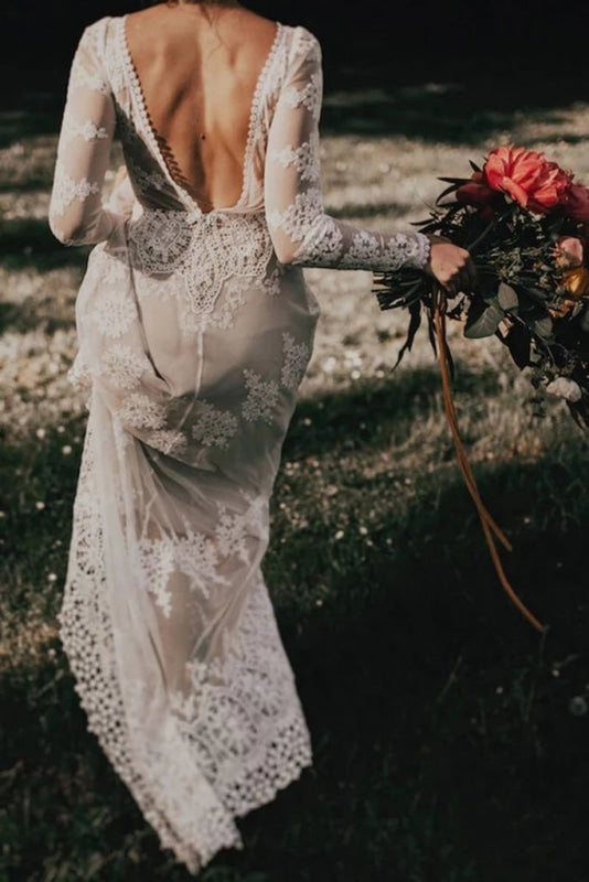 Long Sleeve Lace Beach Country Wedding Dress
