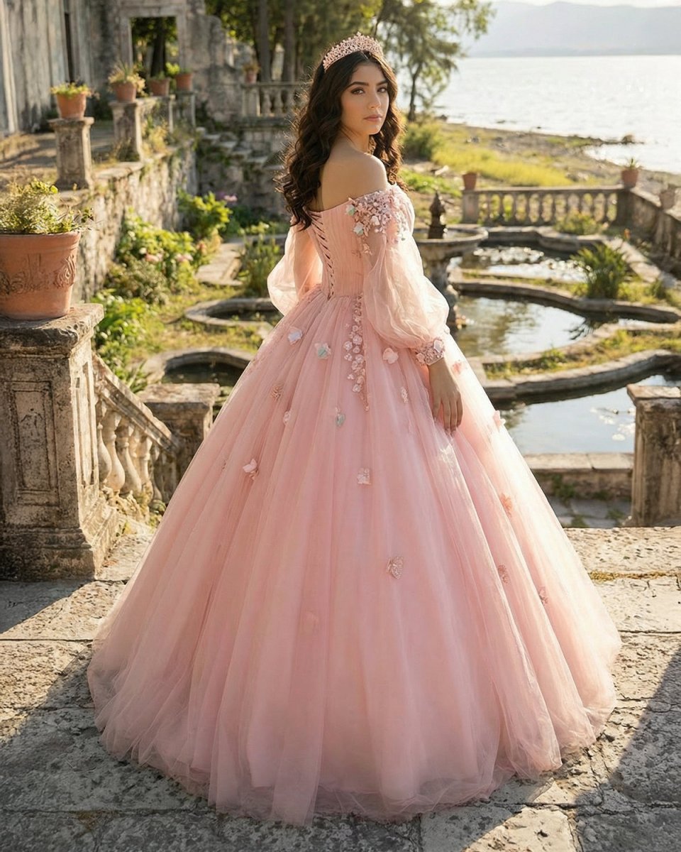 Long Sleeve Pearl Pink Off The Shoulder Quinceanera Dress with Hand-made Flower