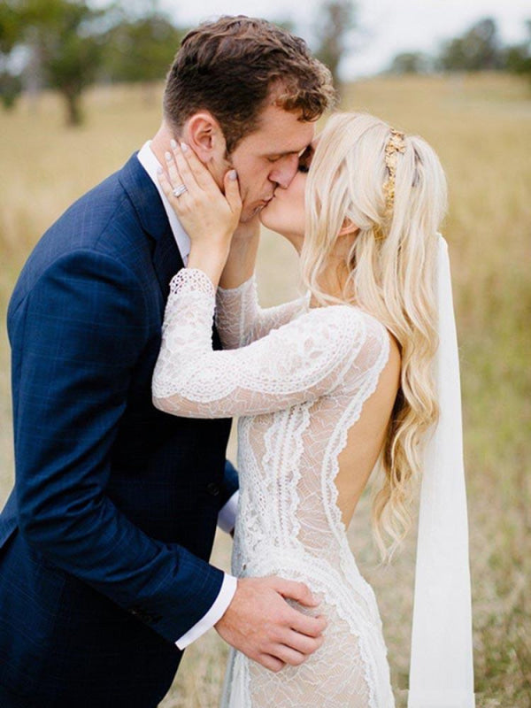 Long Sleeves Backless Floor Length Lace Wedding Dresses