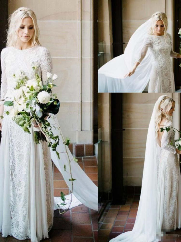 Long Sleeves Backless Floor Length Lace Wedding Dresses