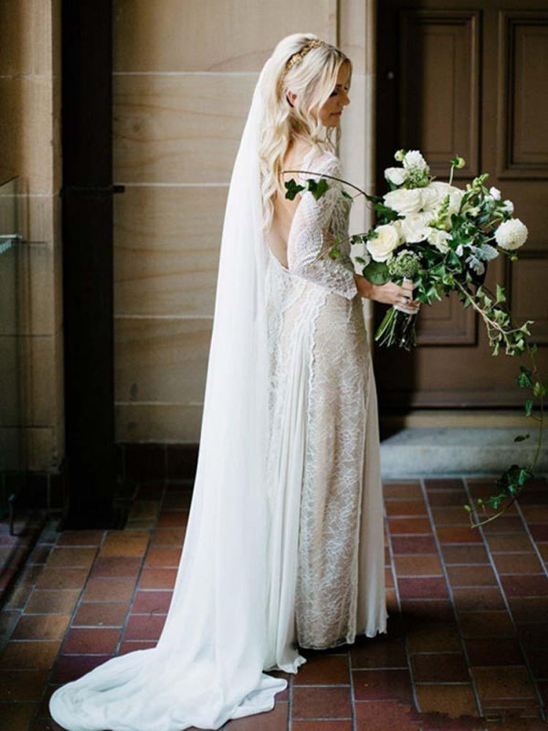 Long Sleeves Backless Floor Length Lace Wedding Dresses