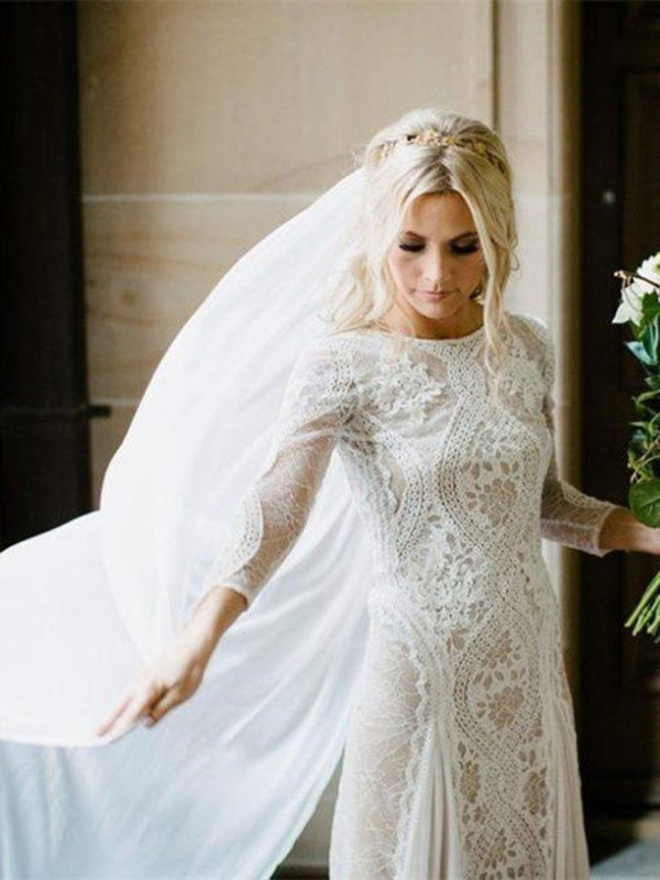 Long Sleeves Backless Floor Length Lace Wedding Dresses