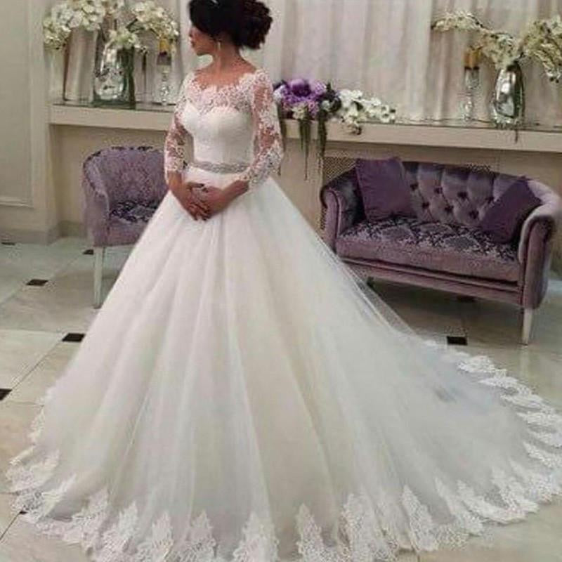 Long Sleeves Ball Gowns Lace Tulle Wedding Dress