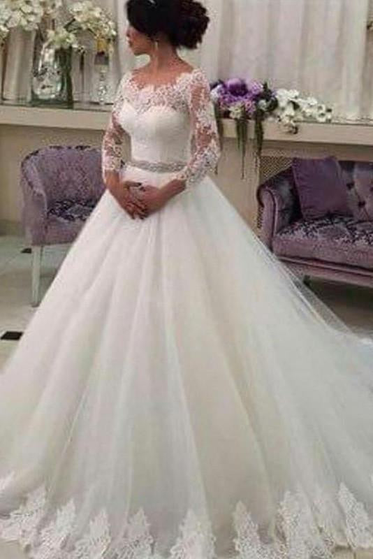 Long Sleeves Ball Gowns Lace Tulle Wedding Dress