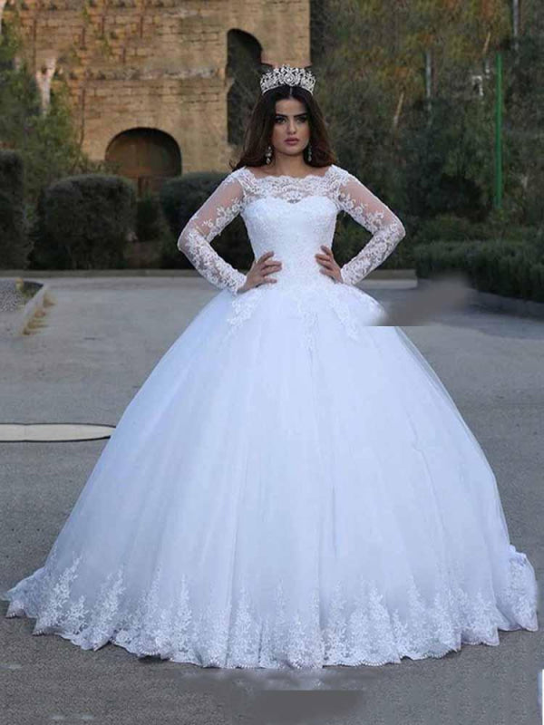 Long Sleeves Lace Wedding Dresses Aline with Appliques