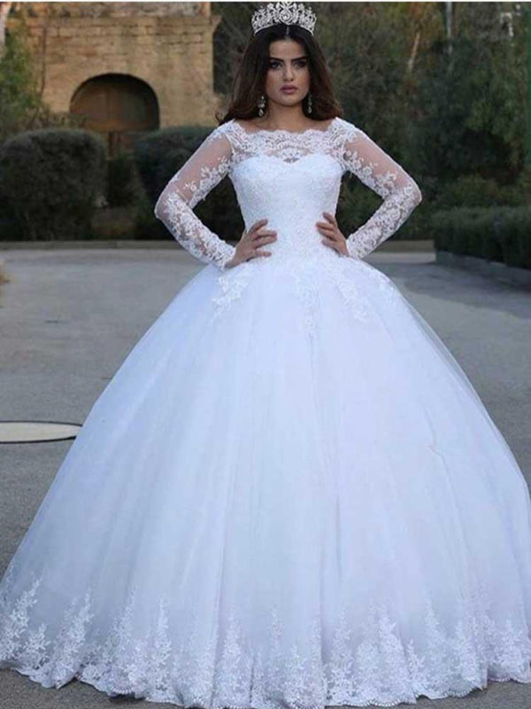 Long Sleeves Lace Wedding Dresses Aline with Appliques