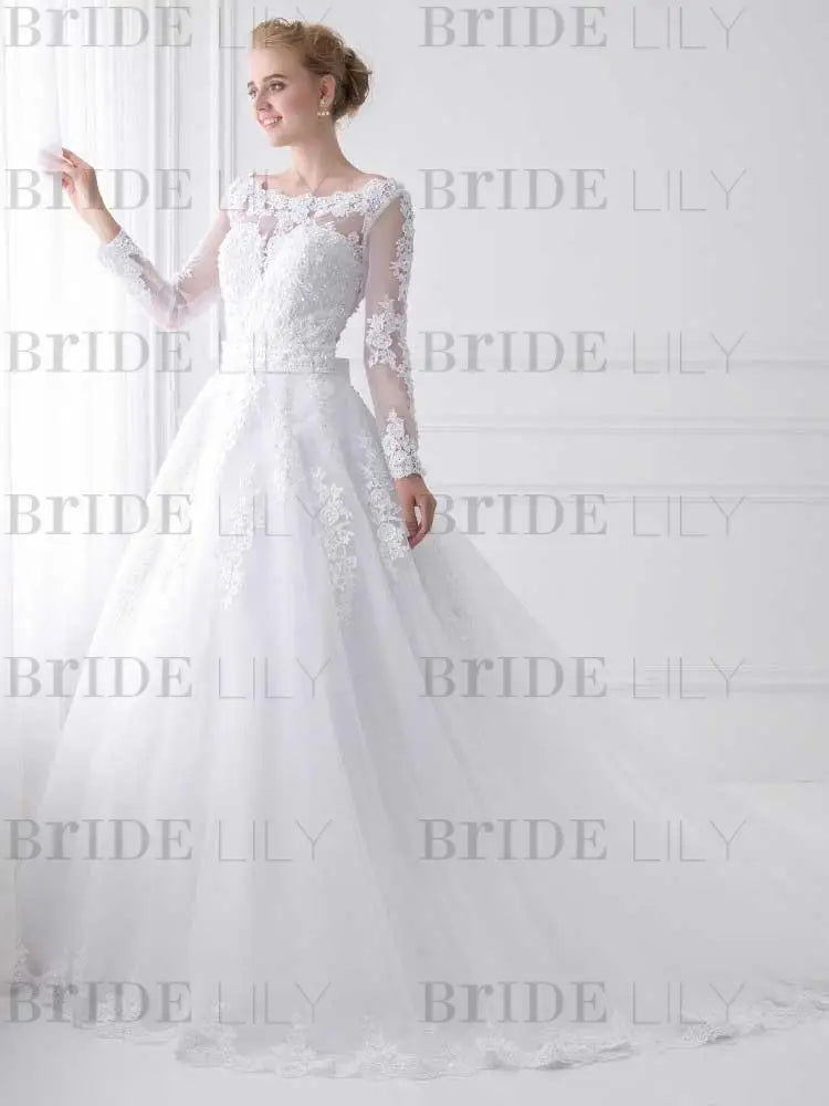 Long Sleeves Lace Ribbon Ball Gown Wedding Dresses