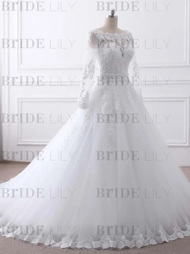 Long Sleeves Lace Ribbon Ball Gown Wedding Dresses