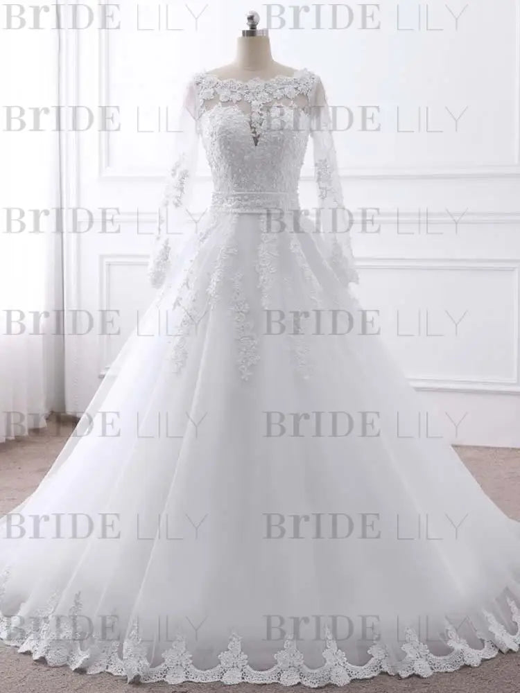 Long Sleeves Lace Ribbon Ball Gown Wedding Dresses