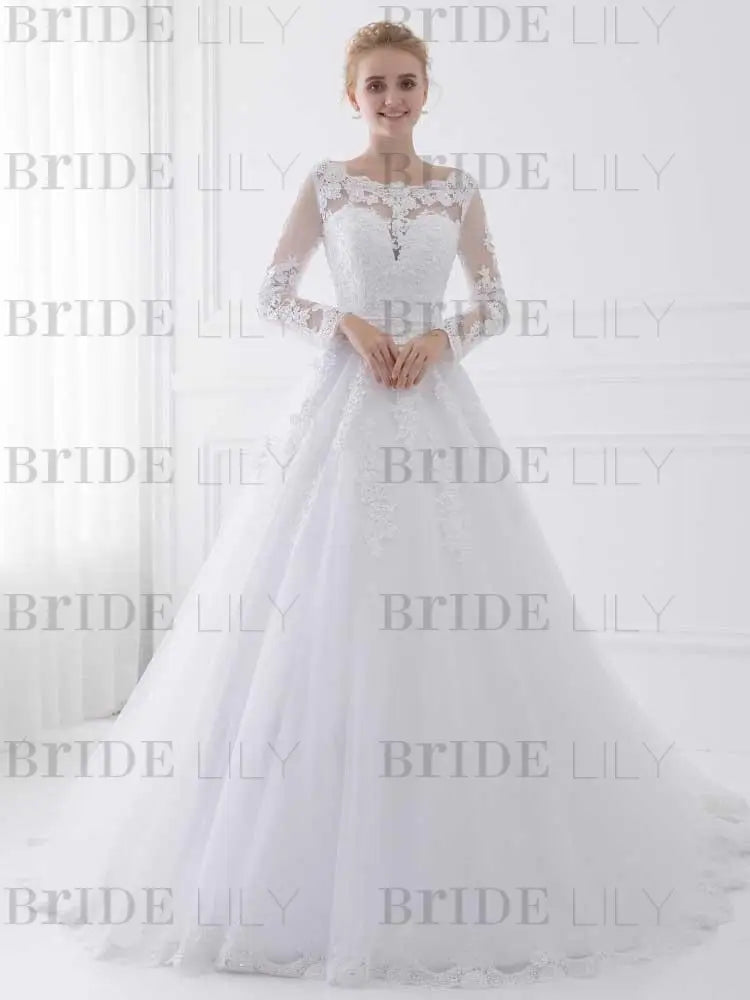 Long Sleeves Lace Ribbon Ball Gown Wedding Dresses
