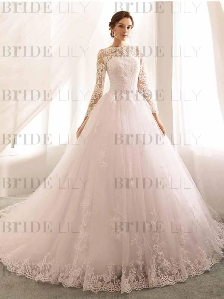 Long Sleeves Lace Tulle Aline Wedding Dresses