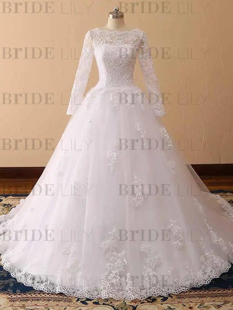 Long Sleeves Lace Tulle Aline Wedding Dresses