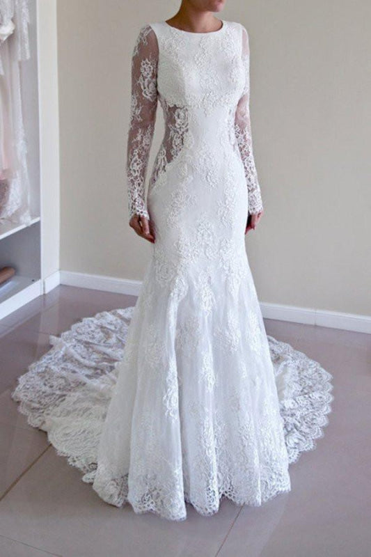 Long Sleeves Open Back Lace with Train Mermaid Beach Wedding Dress