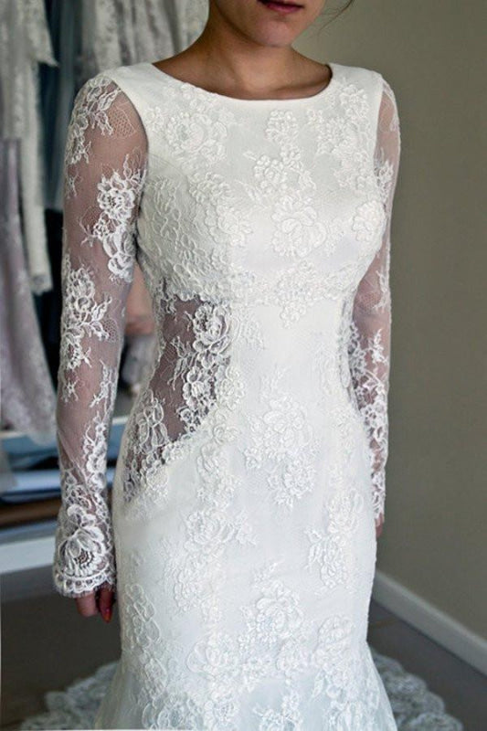 Long Sleeves Open Back Lace with Train Mermaid Beach Wedding Dress