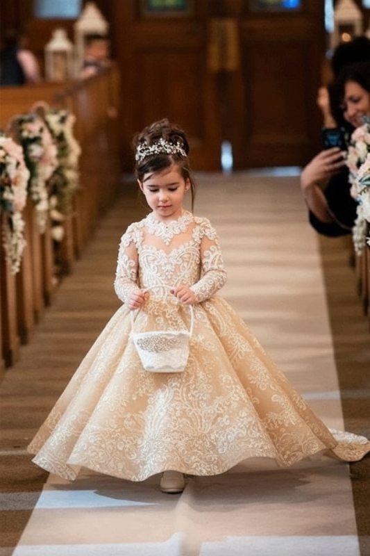Long Sleeves Princess Long Lace Flower Girl Dresses