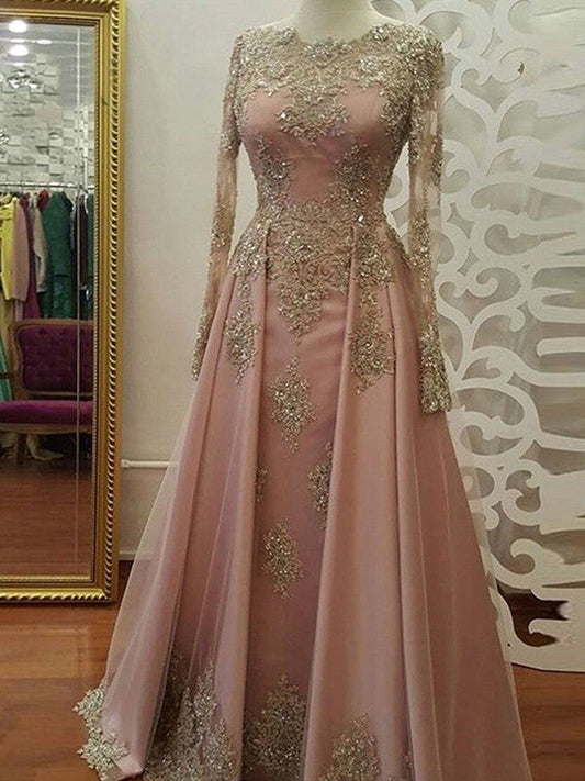 Long Sleeves Scoop Neck Applique Tulle Muslim Dresses
