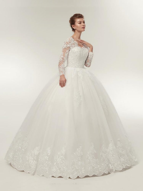 Long Sleeves V-Neck Ball Gown Lace Wedding Dresses