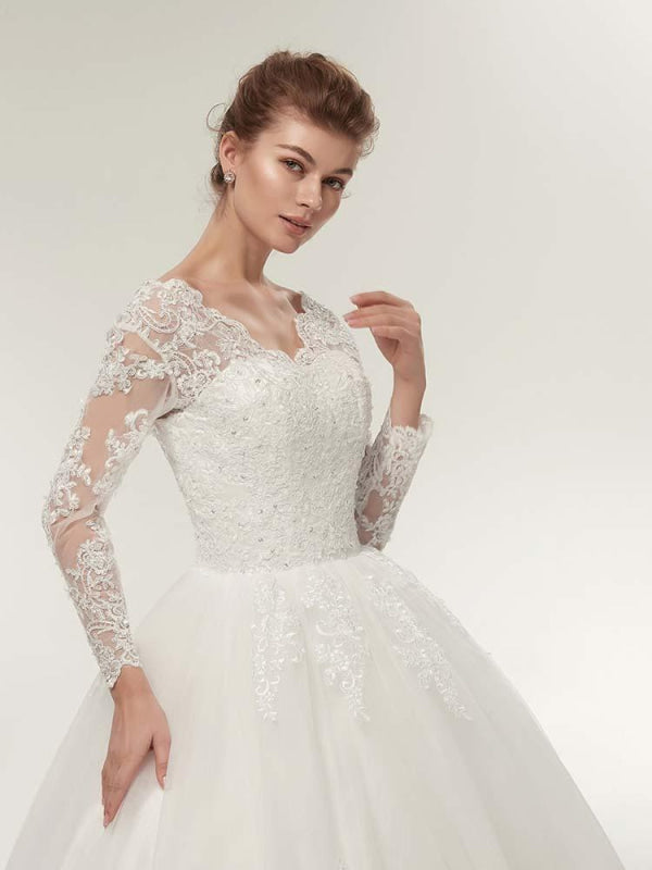 Long Sleeves V-Neck Ball Gown Lace Wedding Dresses