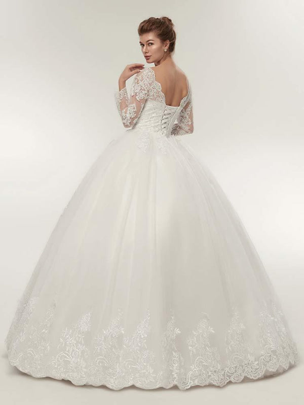 Long Sleeves V-Neck Ball Gown Lace Wedding Dresses