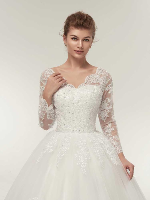 Long Sleeves V-Neck Ball Gown Lace Wedding Dresses
