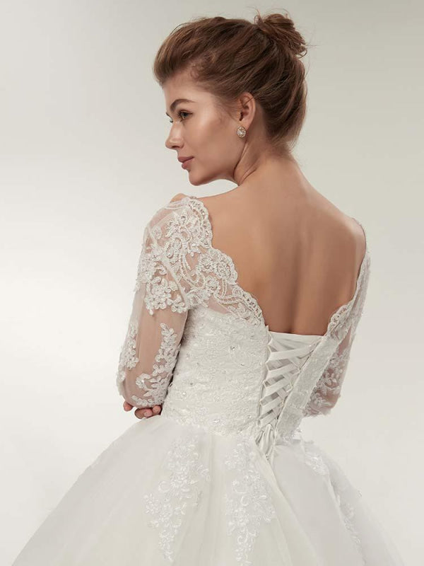 Long Sleeves V-Neck Ball Gown Lace Wedding Dresses