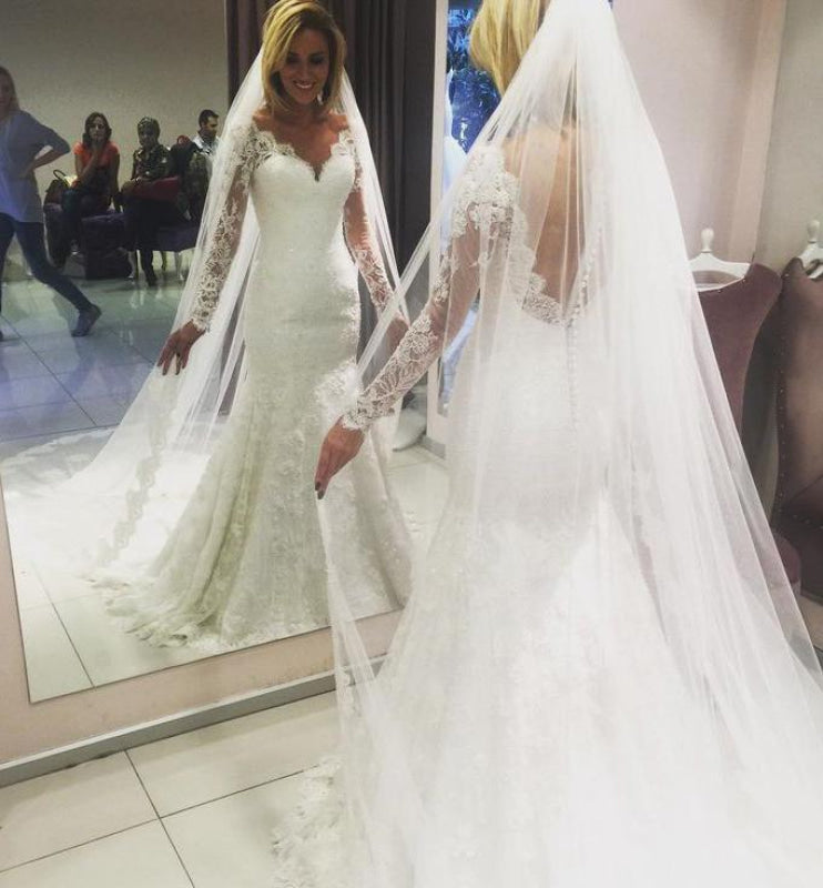 Long Sleeves V-neck Sheer Back Mermaid Wedding Dress