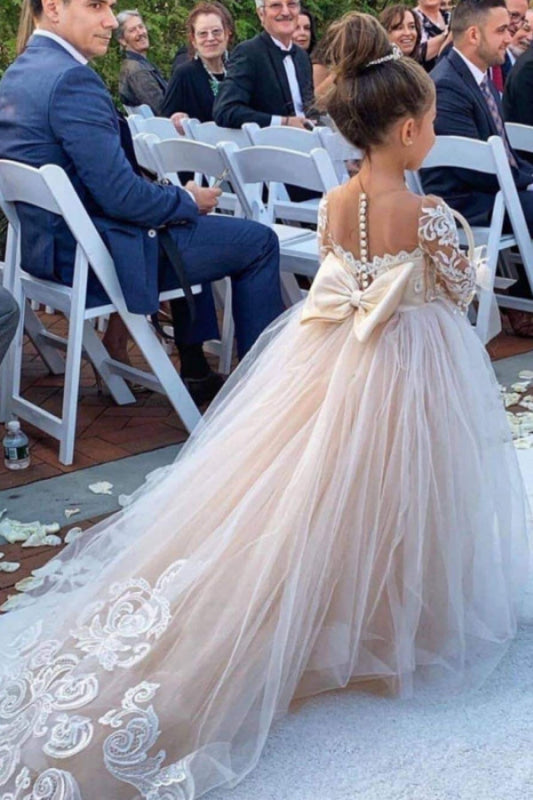 Lovely Princess Jewel Long Sleeves Long Flower Girl Dresses | Ivory Little Girls Peagant Dress with Bowknot
