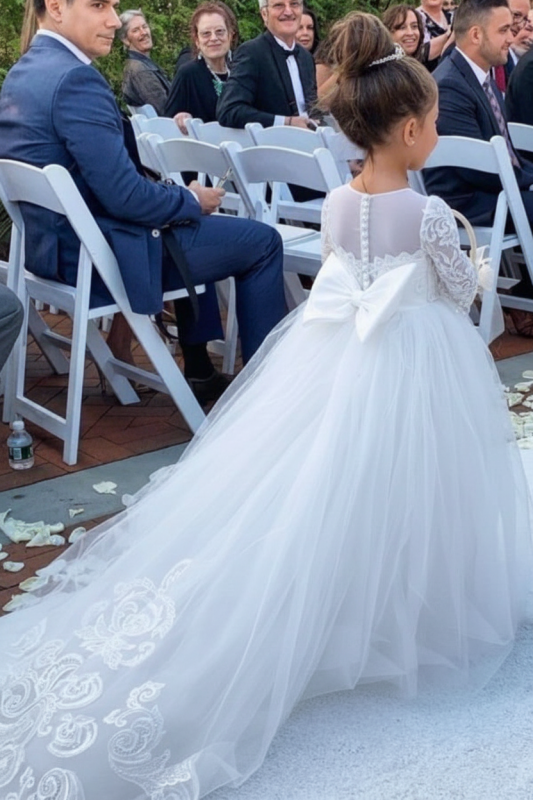 Lovely Princess Jewel Long Sleeves Long Flower Girl Dresses | Ivory Little Girls Peagant Dress with Bowknot