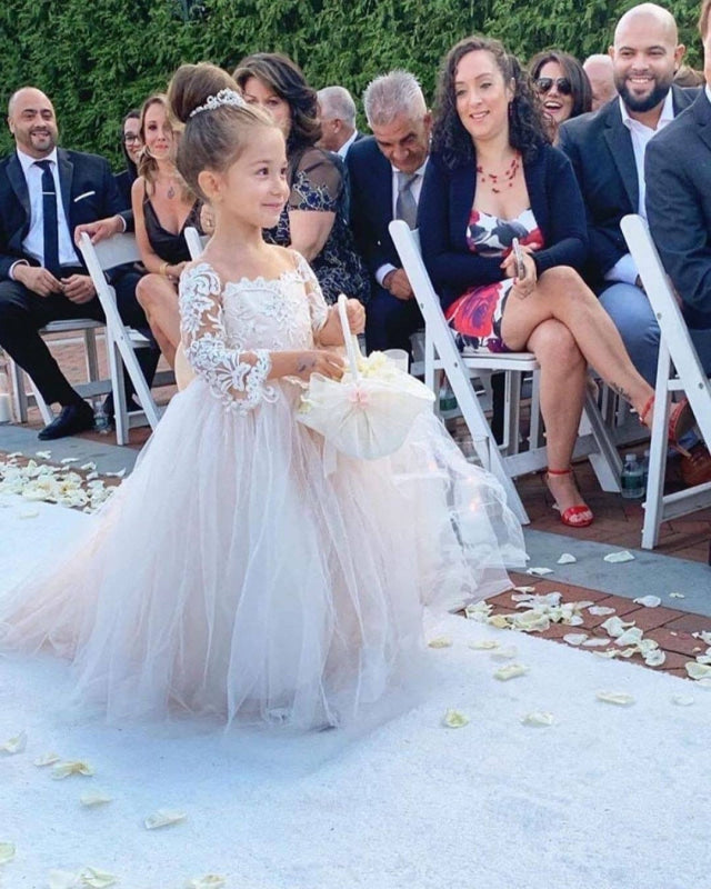 Lovely Princess Jewel Long Sleeves Long Flower Girl Dresses | Ivory Little Girls Peagant Dress with Bowknot