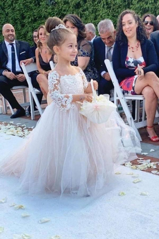 Lovely Princess Jewel Long Sleeves Long Flower Girl Dresses | Ivory Little Girls Peagant Dress with Bowknot