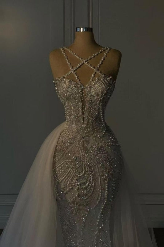 Luxurious Mermaid Wedding Dress Glitter with Sweep Train Spaghetti Straps Bridal Gown
