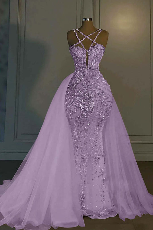 Luxurious Mermaid Wedding Dress Glitter with Sweep Train Spaghetti Straps Bridal Gown