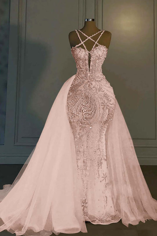 Luxurious Mermaid Wedding Dress Glitter with Sweep Train Spaghetti Straps Bridal Gown