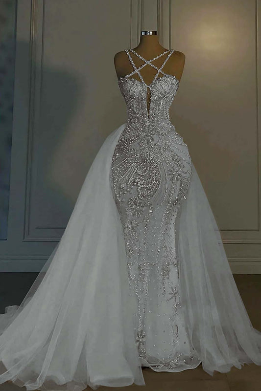 Luxurious Mermaid Wedding Dress Glitter with Sweep Train Spaghetti Straps Bridal Gown