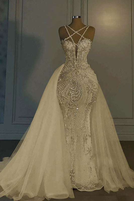 Luxurious Mermaid Wedding Dress Glitter with Sweep Train Spaghetti Straps Bridal Gown