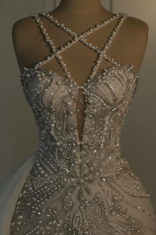 Luxurious Mermaid Wedding Dress Glitter with Sweep Train Spaghetti Straps Bridal Gown