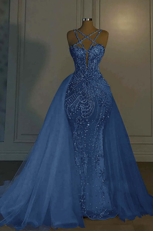 Luxurious Mermaid Wedding Dress Glitter with Sweep Train Spaghetti Straps Bridal Gown