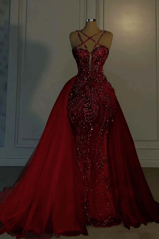Luxurious Mermaid Wedding Dress Glitter with Sweep Train Spaghetti Straps Bridal Gown