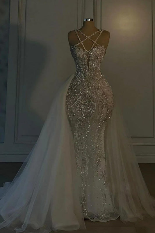 Luxurious Mermaid Wedding Dress Glitter with Sweep Train Spaghetti Straps Bridal Gown