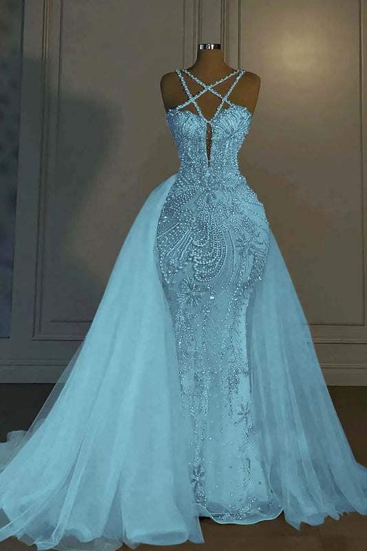 Luxurious Mermaid Wedding Dress Glitter with Sweep Train Spaghetti Straps Bridal Gown