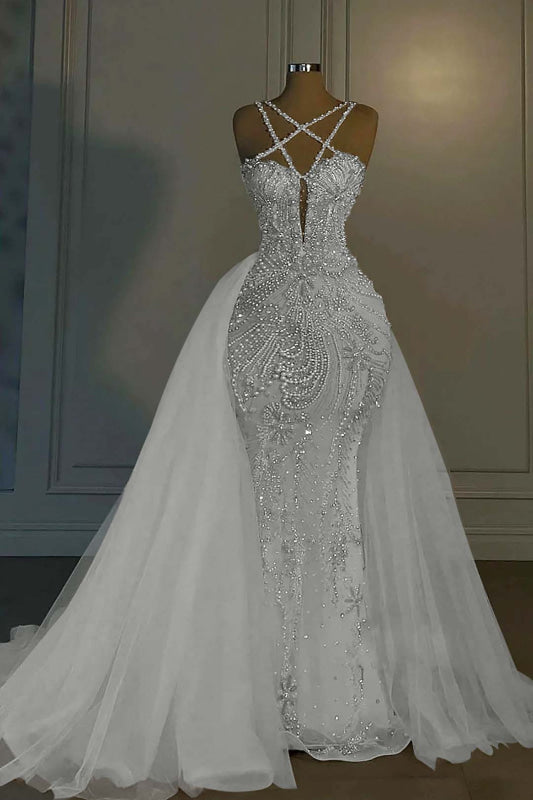 Luxurious Mermaid Wedding Dress Glitter with Sweep Train Spaghetti Straps Bridal Gown